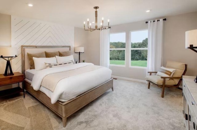 bedroom with recessed lighting, baseboards, light carpet, and an inviting chandelier