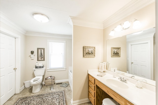 full bathroom with ornamental molding, a garden tub, vanity, and toilet