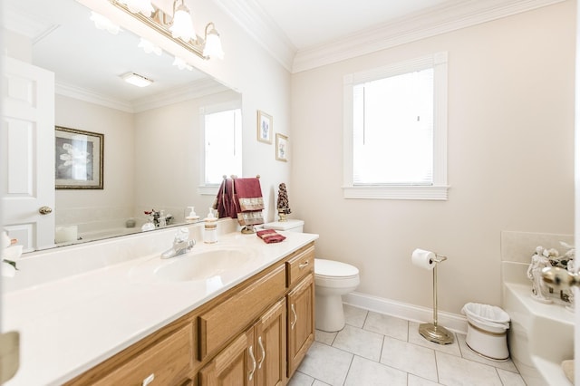 full bath featuring toilet, vanity, a garden tub, and a wealth of natural light