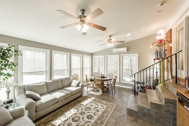 living room featuring vaulted ceiling, stairway, baseboards, and a wall mounted AC