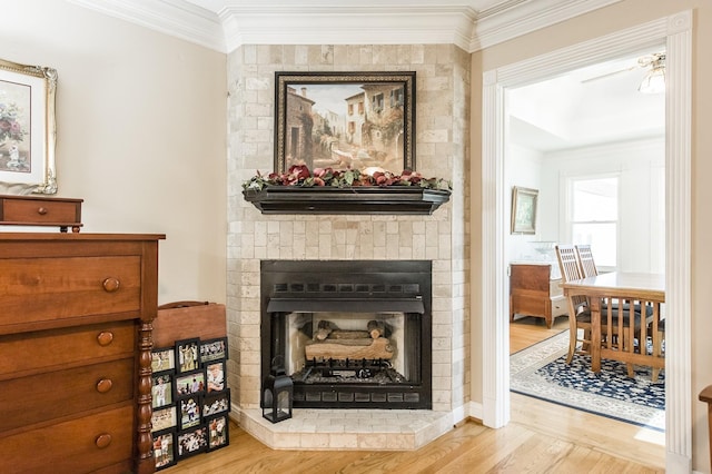 details featuring ornamental molding, a fireplace, and wood finished floors