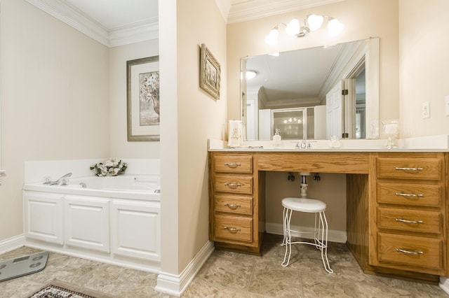 bathroom with ornamental molding, a garden tub, vanity, and baseboards