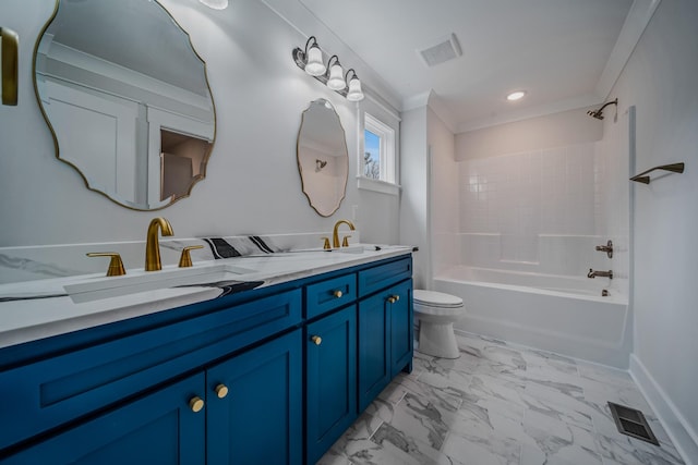 full bath featuring ornamental molding, marble finish floor, visible vents, and a sink