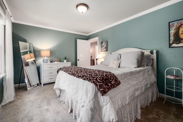 bedroom with ornamental molding, light colored carpet, and baseboards