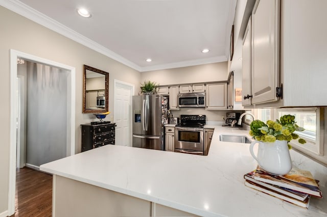 kitchen featuring appliances with stainless steel finishes, a peninsula, crown molding, a sink, and recessed lighting