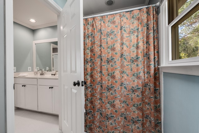 bathroom featuring ornamental molding, recessed lighting, vanity, and a shower with shower curtain