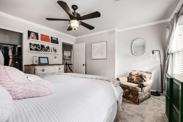 carpeted bedroom featuring a closet, a ceiling fan, and crown molding