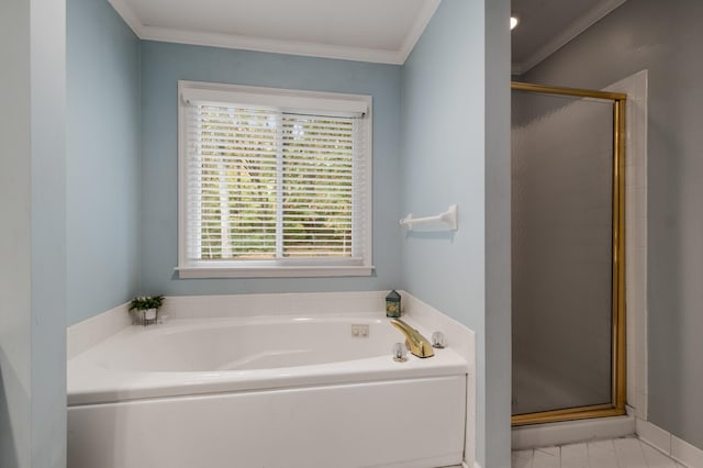 full bath with a stall shower, baseboards, ornamental molding, and a bath