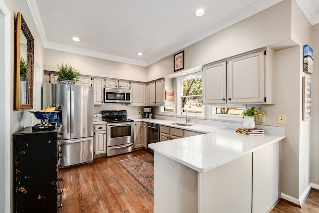 kitchen featuring appliances with stainless steel finishes, dark wood-type flooring, a peninsula, crown molding, and a sink