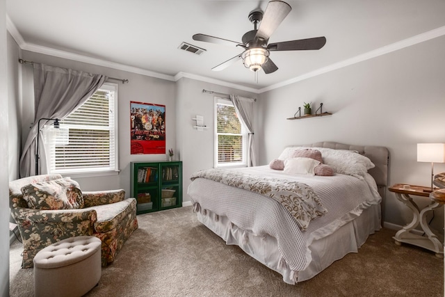 bedroom featuring ceiling fan, ornamental molding, carpet flooring, and visible vents