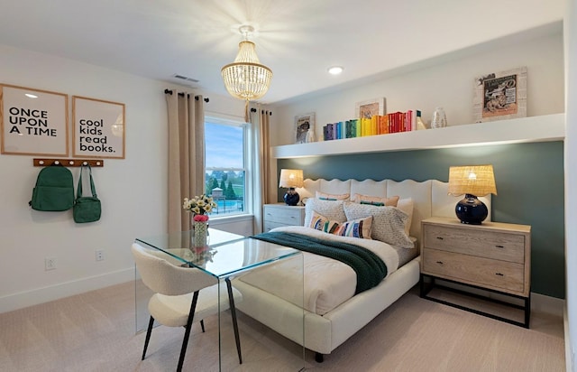 bedroom with a chandelier, carpet, visible vents, and baseboards