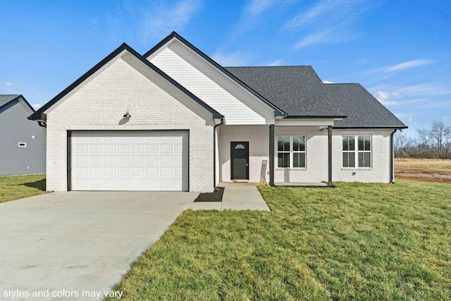 view of front facade featuring a front lawn, brick siding, and an attached garage