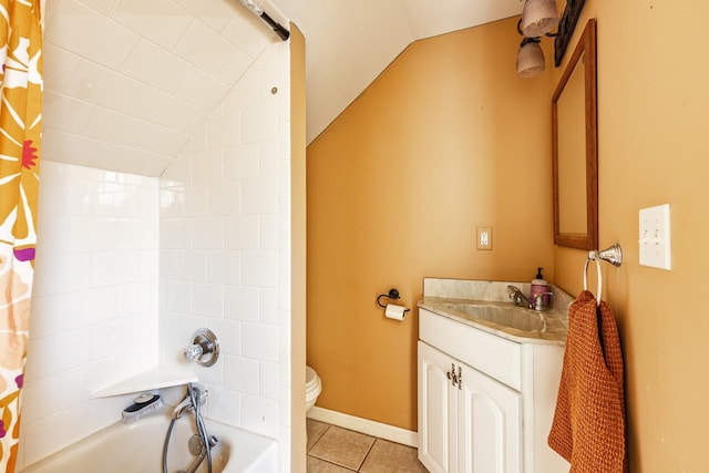 full bathroom with lofted ceiling, toilet, shower / bath combo with shower curtain, vanity, and tile patterned floors