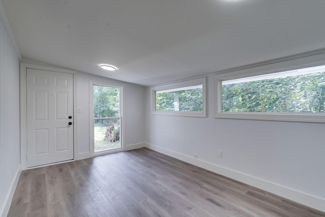 spare room with lofted ceiling, baseboards, and wood finished floors