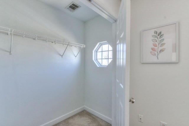 spacious closet featuring visible vents and carpet flooring