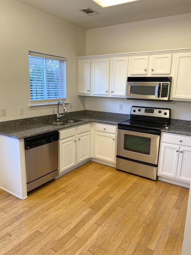 kitchen with a sink, visible vents, white cabinetry, appliances with stainless steel finishes, and light wood finished floors