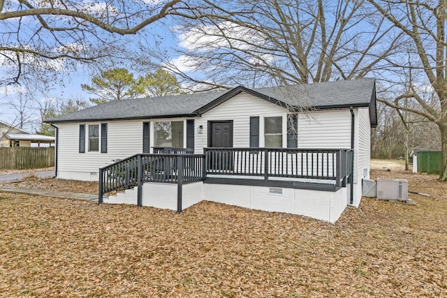 view of front of house featuring roof with shingles, central AC unit, and crawl space