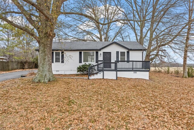 view of front of home with roof with shingles, crawl space, and fence