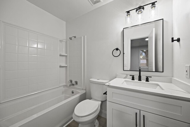 full bathroom featuring toilet, shower / bath combination, visible vents, and vanity