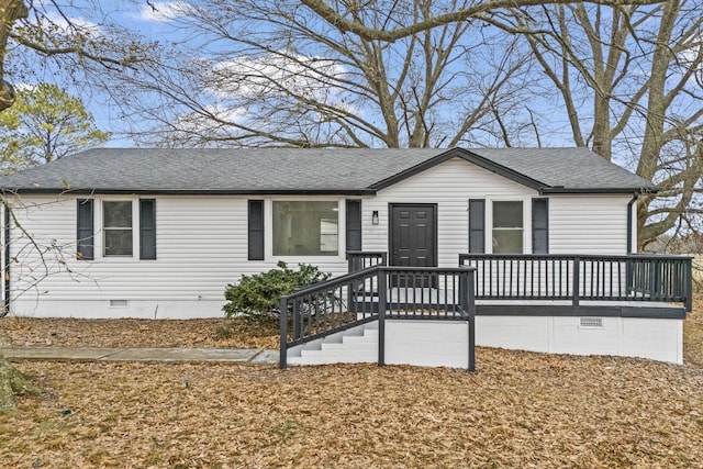 single story home with crawl space and roof with shingles