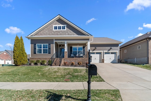 craftsman-style home with brick siding, a porch, concrete driveway, an attached garage, and a front lawn