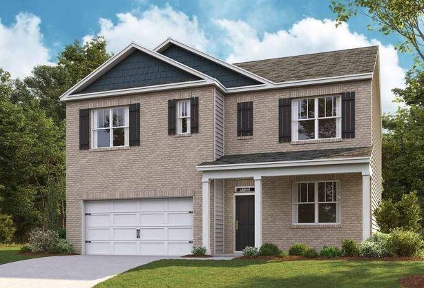 craftsman-style house with a garage, concrete driveway, a front lawn, and brick siding