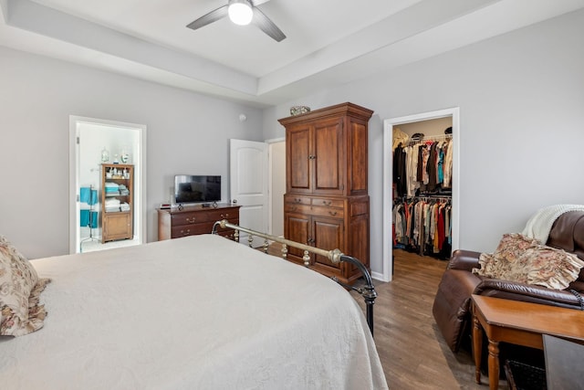 bedroom with ceiling fan, wood finished floors, a closet, a walk in closet, and a raised ceiling