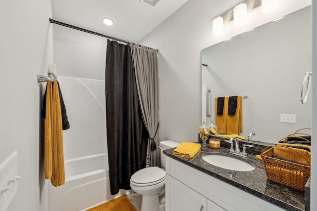 bathroom with vanity, toilet, and shower / bathtub combination with curtain