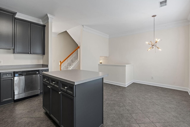 kitchen featuring crown molding, visible vents, a chandelier, and stainless steel dishwasher