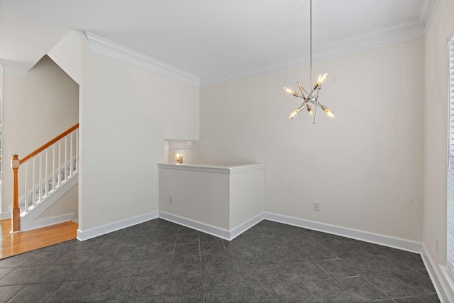 unfurnished room with ornamental molding, a chandelier, baseboards, and stairs