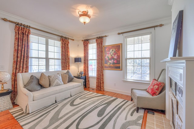 interior space featuring light wood-type flooring, a fireplace, baseboards, and crown molding