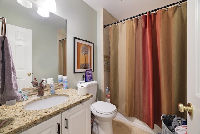 bathroom with toilet, tile patterned floors, vanity, and a shower with curtain