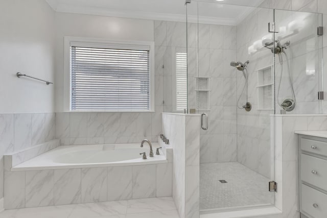 full bath with a stall shower, a garden tub, vanity, and crown molding