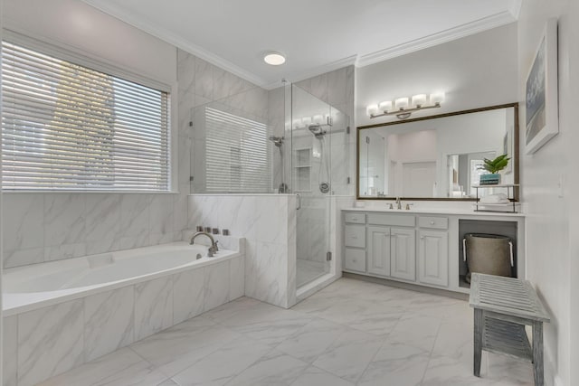 bathroom with marble finish floor, a shower stall, crown molding, and vanity