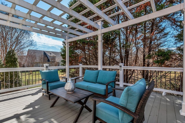 deck with an outdoor living space and a pergola