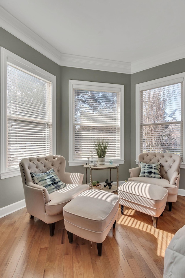 sitting room featuring ornamental molding, baseboards, and light wood finished floors