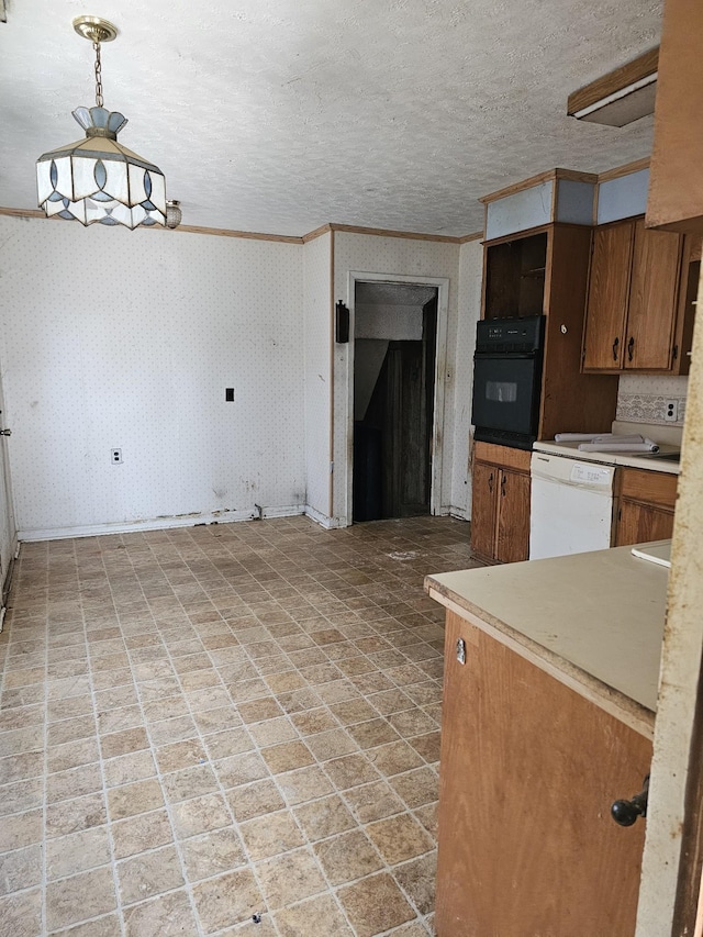 kitchen featuring wallpapered walls, brown cabinetry, white dishwasher, a textured ceiling, and black oven