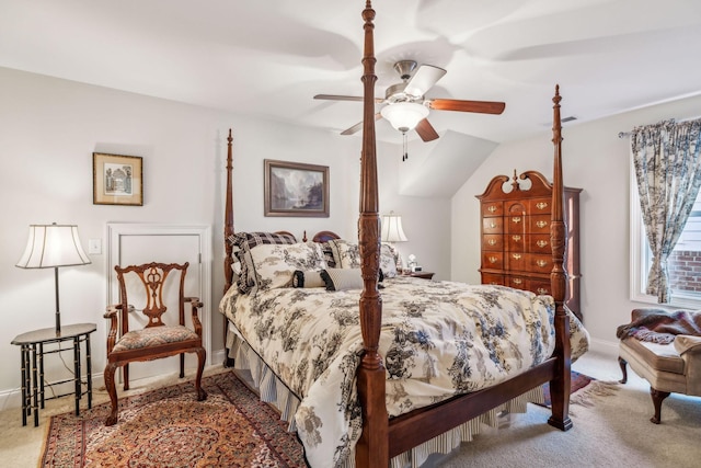 carpeted bedroom with visible vents, ceiling fan, and baseboards