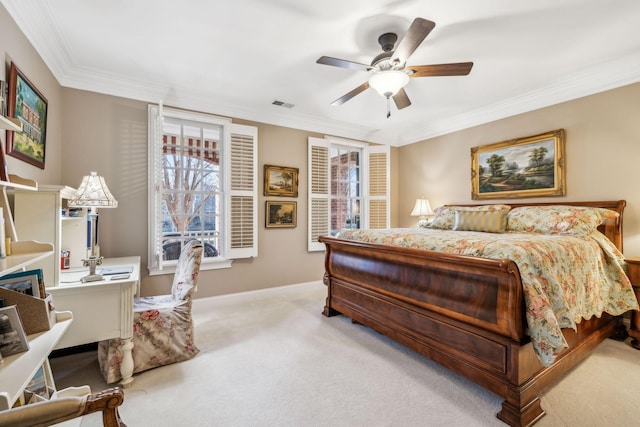 bedroom with visible vents, ornamental molding, a ceiling fan, light carpet, and baseboards