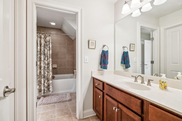 bathroom with tile patterned flooring, vanity, and shower / bathtub combination with curtain