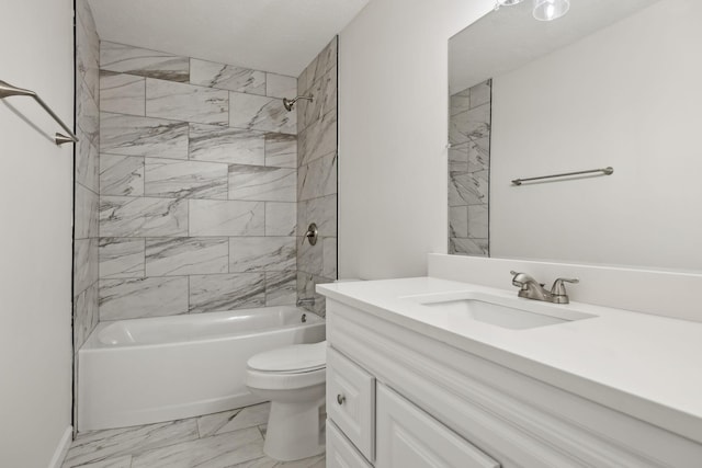 bathroom with marble finish floor, vanity, toilet, and bathtub / shower combination