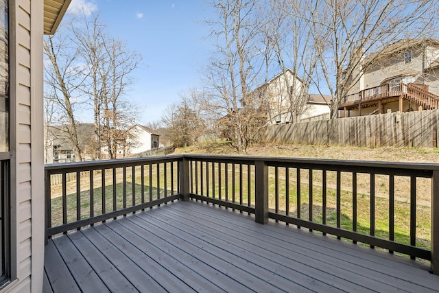 wooden deck with a residential view and fence