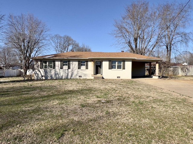 ranch-style home with an attached carport, fence, driveway, crawl space, and a front lawn