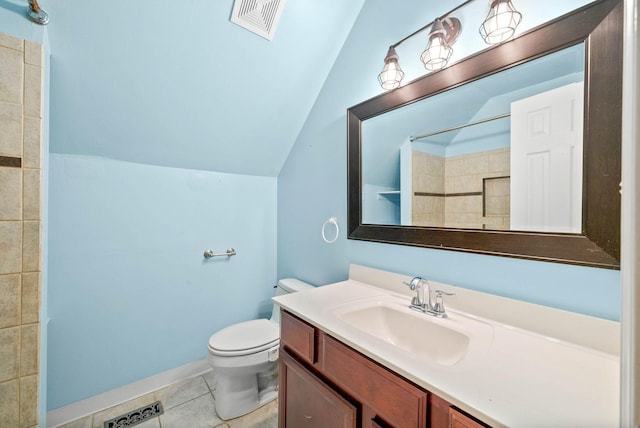 bathroom featuring lofted ceiling, tile patterned floors, visible vents, toilet, and walk in shower