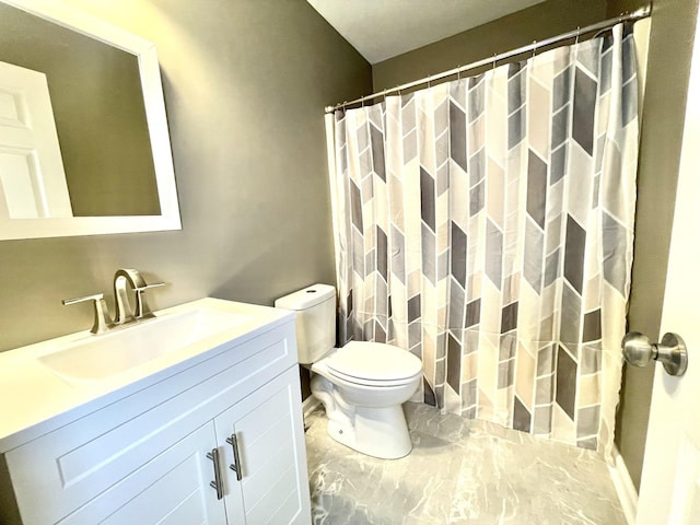 full bath featuring toilet, a shower with shower curtain, and vanity