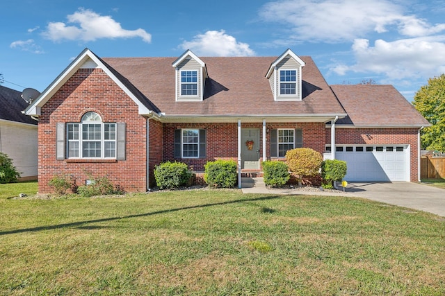 view of front facade with concrete driveway, brick siding, an attached garage, and a front yard