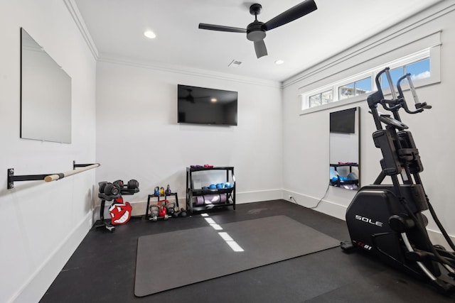 exercise area with baseboards, ornamental molding, and recessed lighting