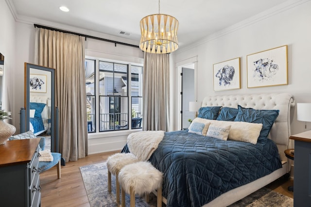 bedroom with recessed lighting, a notable chandelier, visible vents, ornamental molding, and light wood finished floors