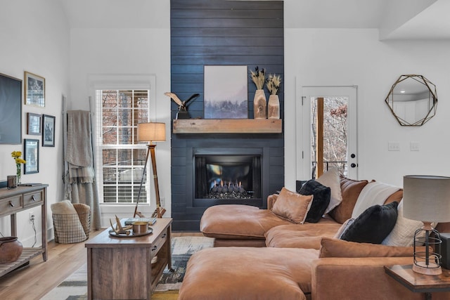 living room featuring a fireplace, wood finished floors, and a healthy amount of sunlight