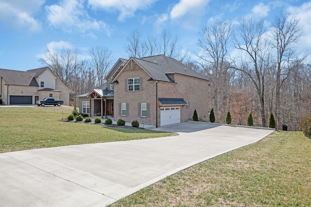 view of front of house featuring a garage, a front yard, concrete driveway, and brick siding